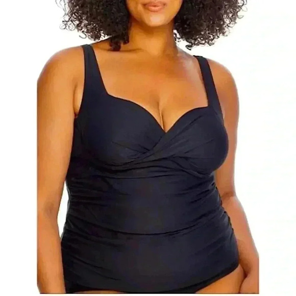 Bare Necessities Birdsong Plus Size Underwire Tankini Swimsuit Top Black Shirred - Picture 1 of 12